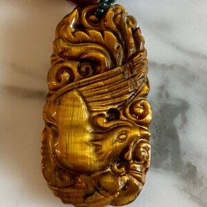 Vintage Chinese phoenix Tiger eye/Garnet necklace 1990's Measures 16"